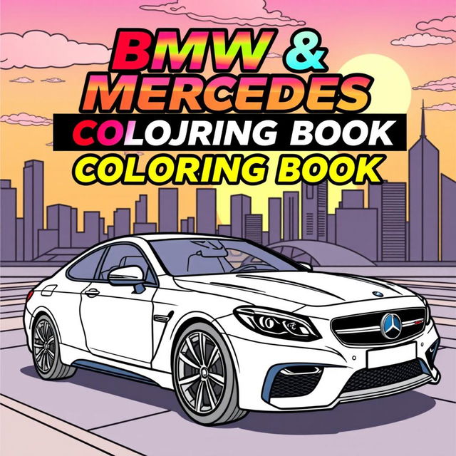 An exciting coloring book cover featuring iconic BMW and Mercedes cars