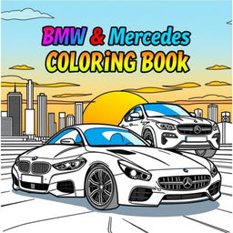 An exciting coloring book cover featuring iconic BMW and Mercedes cars