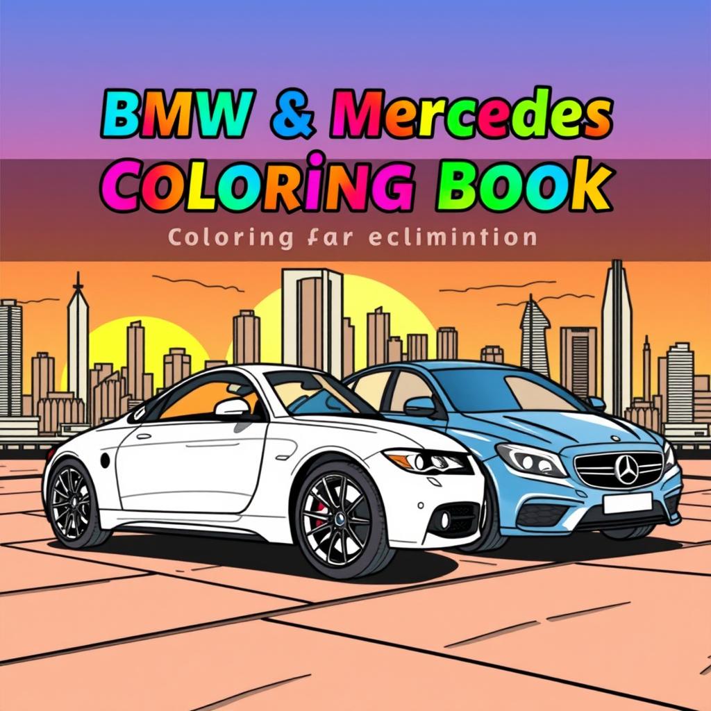 An exciting coloring book cover featuring iconic BMW and Mercedes cars