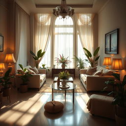 A serene and elegant scene of a beautifully decorated home interior, showcasing soft, warm lighting that enhances the inviting atmosphere