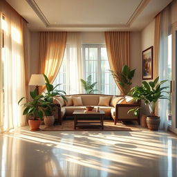 A serene and elegant scene of a beautifully decorated home interior, showcasing soft, warm lighting that enhances the inviting atmosphere