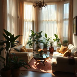 A serene and elegant scene of a beautifully decorated home interior, showcasing soft, warm lighting that enhances the inviting atmosphere
