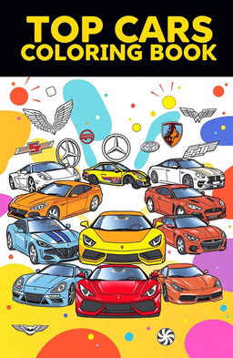 A vibrant and engaging coloring book cover featuring an array of top luxury and sports cars prominently displayed, each illustrated in a way that invites coloring