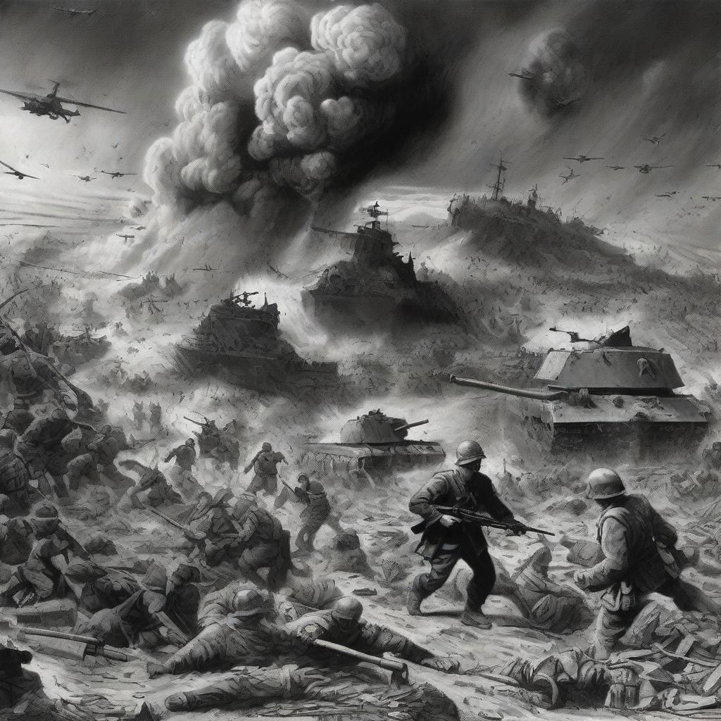 A black and white illustration of an all encompassing war, full of chaos and destruction