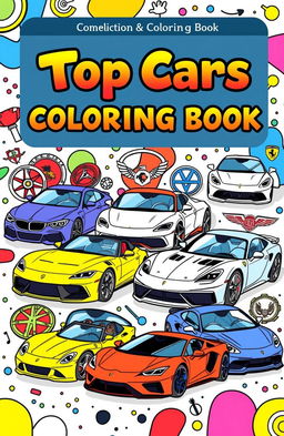 A vibrant and engaging coloring book cover featuring an array of top luxury and sports cars prominently displayed, each illustrated in a way that invites coloring
