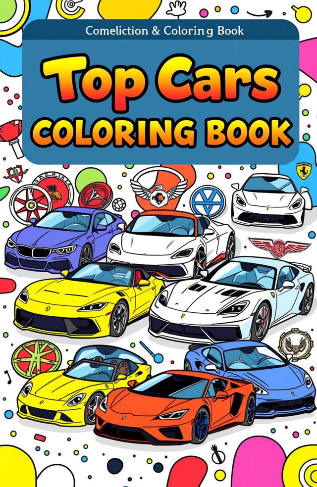 A vibrant and engaging coloring book cover featuring an array of top luxury and sports cars prominently displayed, each illustrated in a way that invites coloring