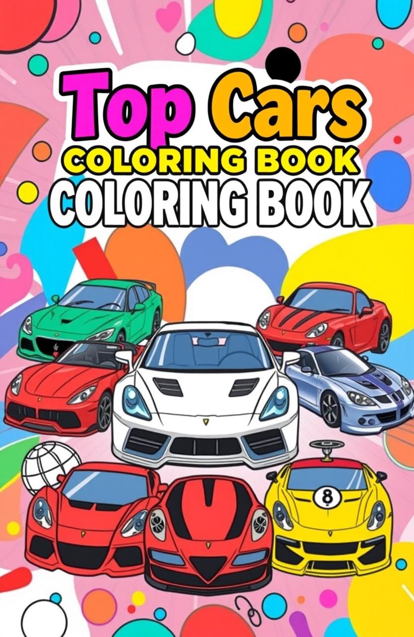 A vibrant and engaging coloring book cover featuring an array of top luxury and sports cars prominently displayed, each illustrated in a way that invites coloring