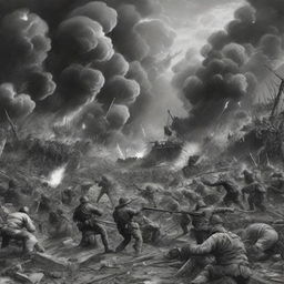 A black and white illustration of an all encompassing war, full of chaos and destruction