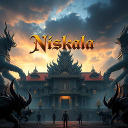 A majestic depiction of the Majapahit Great Palace, surrounded by imposing giant creatures and menacing demons