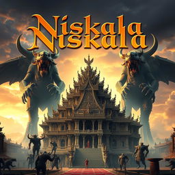 A majestic depiction of the Majapahit Great Palace, surrounded by imposing giant creatures and menacing demons