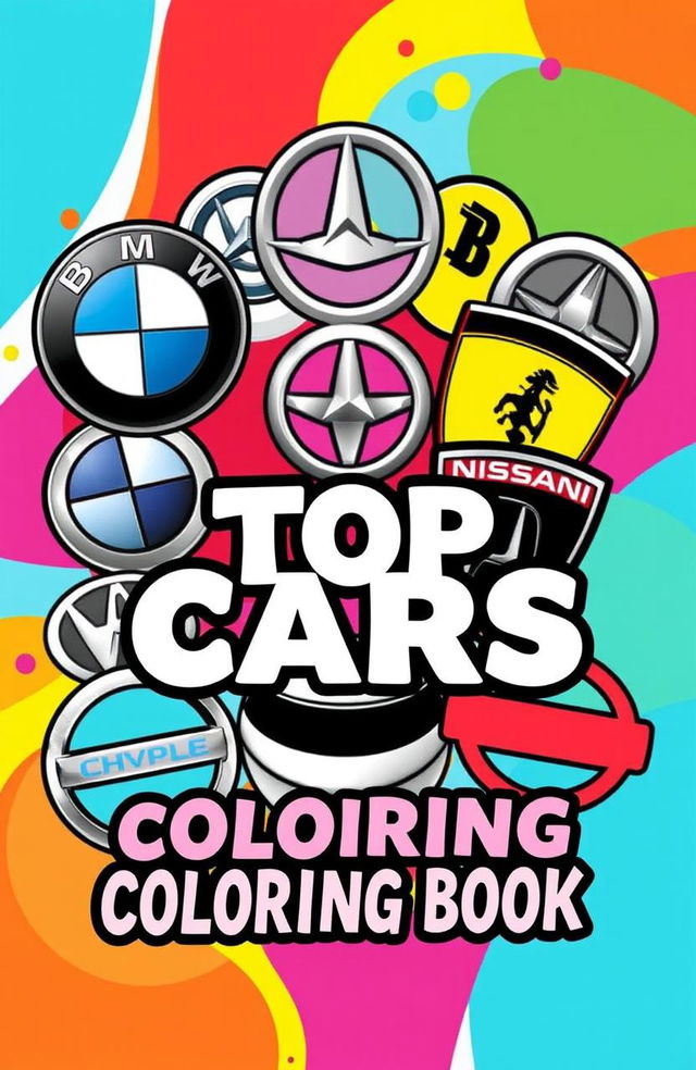 A vibrant and eye-catching coloring book cover featuring a collage of popular car logos including BMW, Mercedes, Ferrari, Lamborghini, Toyota, Chevrolet, Honda, Nissan, and Audi