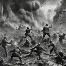 A black and white illustration of an all encompassing war, full of chaos and destruction