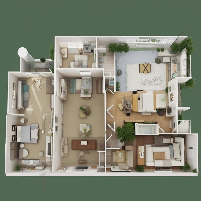 Generate a 3D representation of a detailed floor plan.