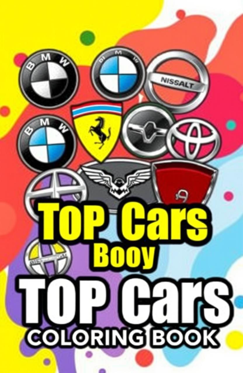 A vibrant and eye-catching coloring book cover featuring a collage of popular car logos including BMW, Mercedes, Ferrari, Lamborghini, Toyota, Chevrolet, Honda, Nissan, and Audi