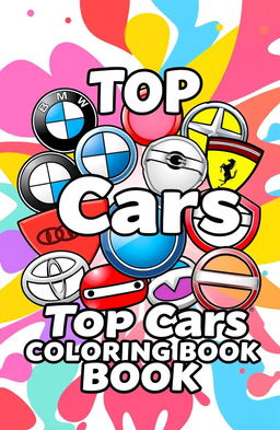 A vibrant and eye-catching coloring book cover featuring a collage of popular car logos including BMW, Mercedes, Ferrari, Lamborghini, Toyota, Chevrolet, Honda, Nissan, and Audi