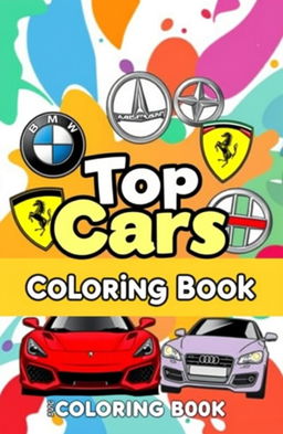 A vibrant and eye-catching coloring book cover featuring a collage of popular car logos including BMW, Mercedes, Ferrari, Lamborghini, Toyota, Chevrolet, Honda, Nissan, and Audi