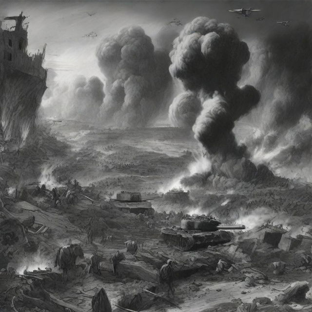 A black and white illustration of an all encompassing war, full of chaos and destruction