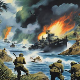 Illustration of the 1943 Battle of Guadalcanal during World War II, full of intensity, courage, and struggle