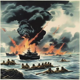 Illustration of the 1943 Battle of Guadalcanal during World War II, full of intensity, courage, and struggle