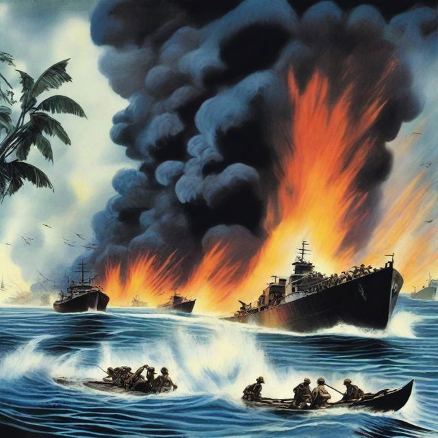 Illustration of the 1943 Battle of Guadalcanal during World War II, full of intensity, courage, and struggle