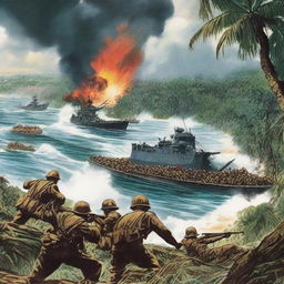 Illustration of the 1943 Battle of Guadalcanal during World War II, full of intensity, courage, and struggle