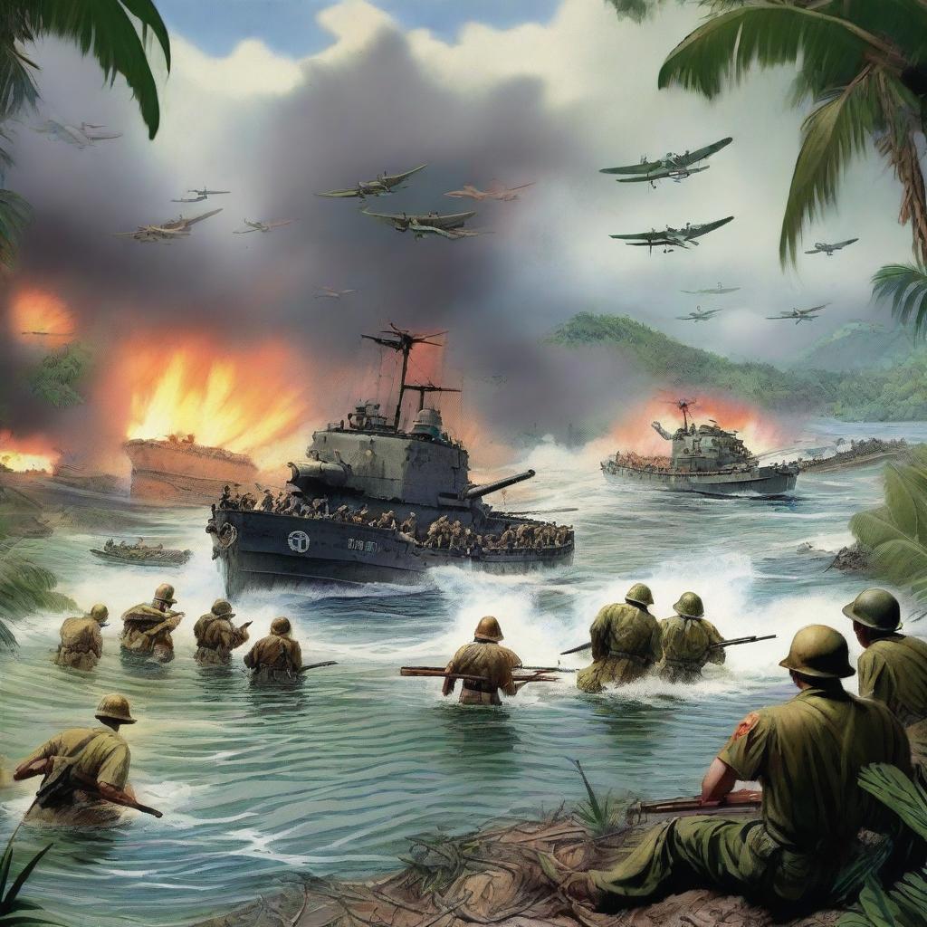 A vividly realistic illustration capturing the 1943 Battle of Guadalcanal, filled with historic details of warfare in World War II