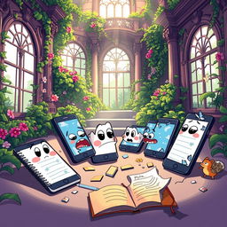 A vibrant cartoon scene depicting several fractured smartphones and jot notebooks scattered around a lavish, overgrown mansion