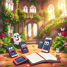 A vibrant cartoon scene depicting several fractured smartphones and jot notebooks scattered around a lavish, overgrown mansion