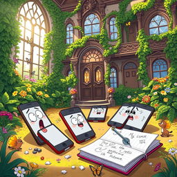 A vibrant cartoon scene depicting several fractured smartphones and jot notebooks scattered around a lavish, overgrown mansion