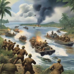 A vividly realistic illustration capturing the 1943 Battle of Guadalcanal, filled with historic details of warfare in World War II