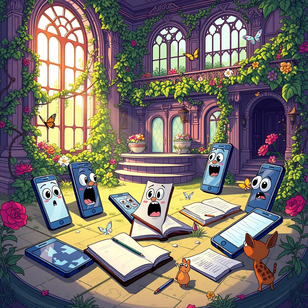 A vibrant cartoon scene depicting several fractured smartphones and jot notebooks scattered around a lavish, overgrown mansion