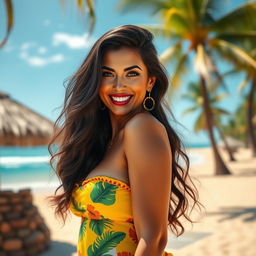A stunning Brazilian mature woman with a captivating presence, showcasing her luscious dark hair and radiant skin