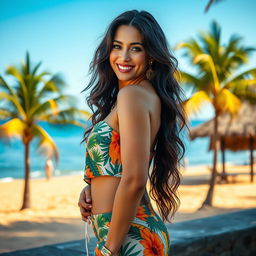 A stunning Brazilian mature woman with a captivating presence, showcasing her luscious dark hair and radiant skin