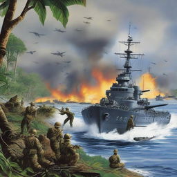 A vividly realistic illustration capturing the 1943 Battle of Guadalcanal, filled with historic details of warfare in World War II