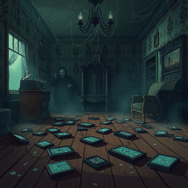 A cartoon-style horror scene depicting a dusty, old mansion filled with broken phones and jots strewn about