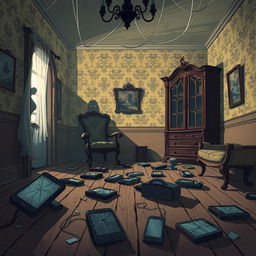 A cartoon-style horror scene depicting a dusty, old mansion filled with broken phones and jots strewn about