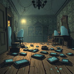 A cartoon-style horror scene depicting a dusty, old mansion filled with broken phones and jots strewn about