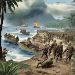 A vividly realistic illustration capturing the 1943 Battle of Guadalcanal, filled with historic details of warfare in World War II