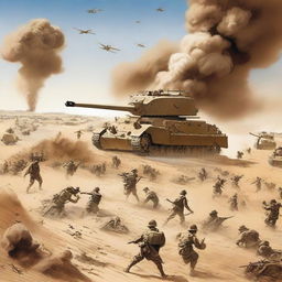 A historically detailed illustration capturing the intensity of the Second Battle of El Alamein during World War II