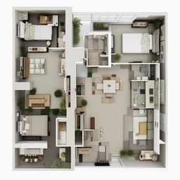 Generate a 3D representation of a detailed floor plan.