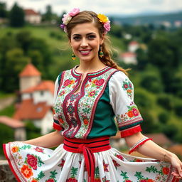 A woman in her 30s wearing traditional Hungarian attire, showcasing rich cultural symbols and vibrant patterns