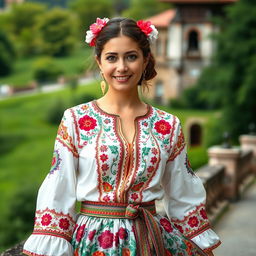 A woman in her 30s wearing traditional Hungarian attire, showcasing rich cultural symbols and vibrant patterns