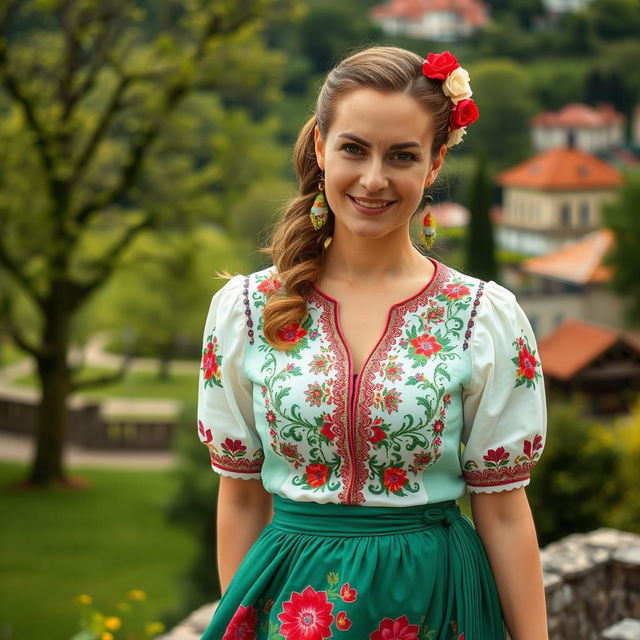 A woman in her 30s wearing traditional Hungarian attire, showcasing rich cultural symbols and vibrant patterns