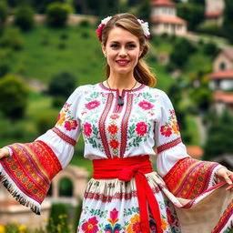 A woman in her 30s wearing traditional Hungarian attire, showcasing rich cultural symbols and vibrant patterns