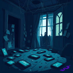 A spooky, cartoon-style scene inside a dimly lit, abandoned mansion
