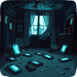 A spooky, cartoon-style scene inside a dimly lit, abandoned mansion
