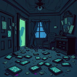 A spooky, cartoon-style scene inside a dimly lit, abandoned mansion