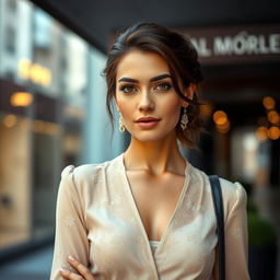 A beautiful 34-year-old Argentine woman with light skin and soft facial features, wearing elegant clothing that exudes sophistication