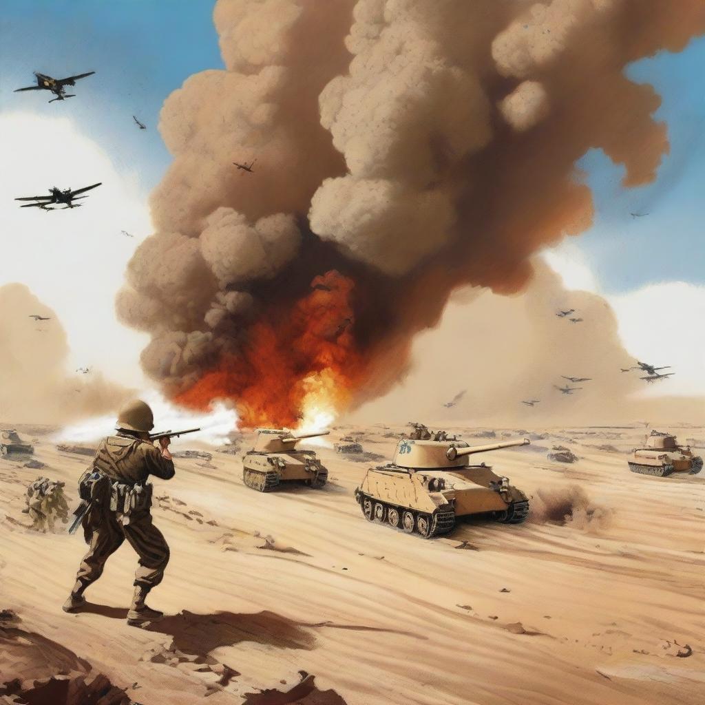 A historically detailed illustration capturing the intensity of the Second Battle of El Alamein during World War II