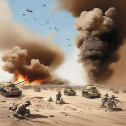 A historically detailed illustration capturing the intensity of the Second Battle of El Alamein during World War II